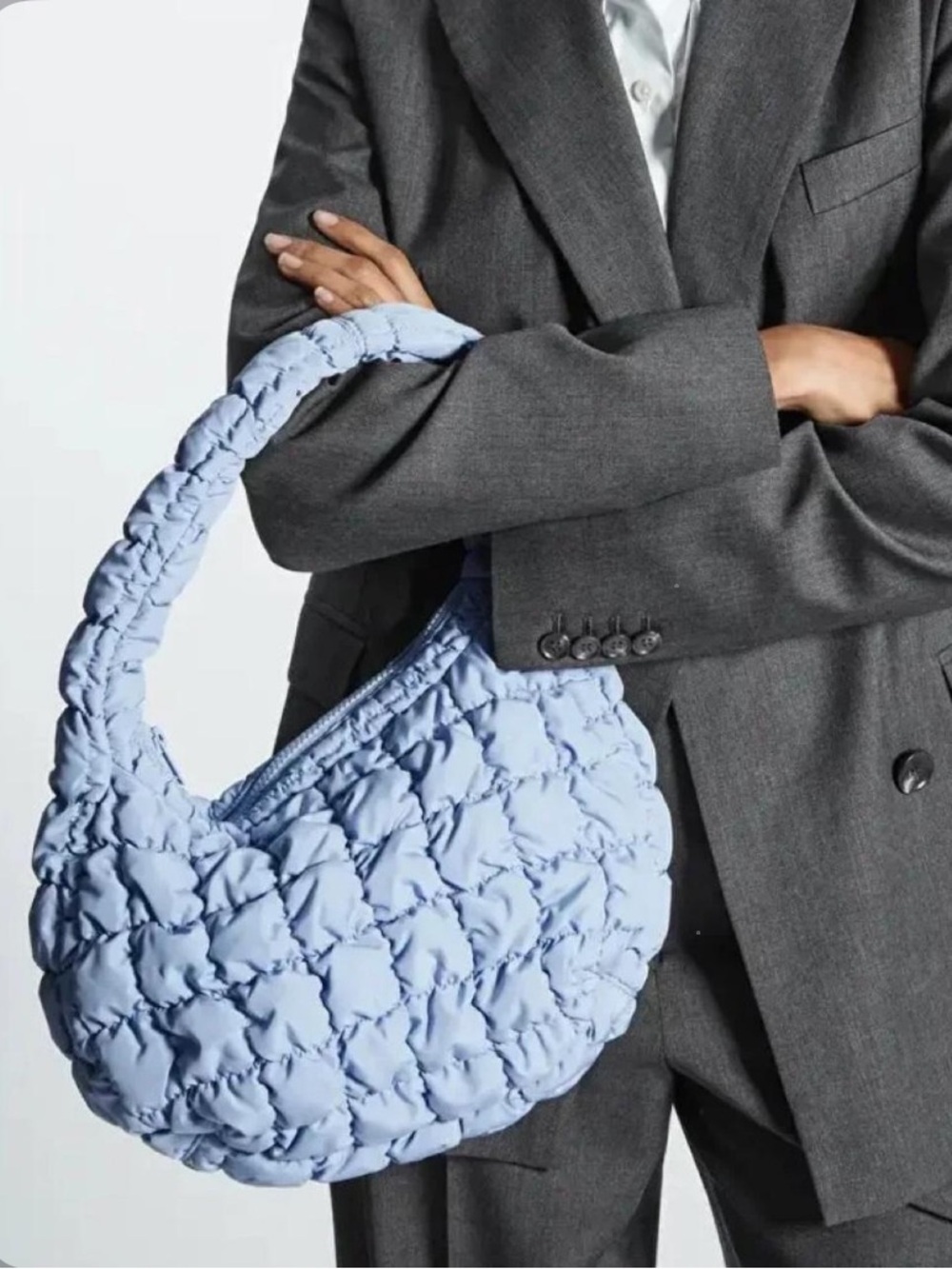 NEW COS Mini Quilted Pillowy Textured W/Curve Hobo Silhouette Bag in Light Blue